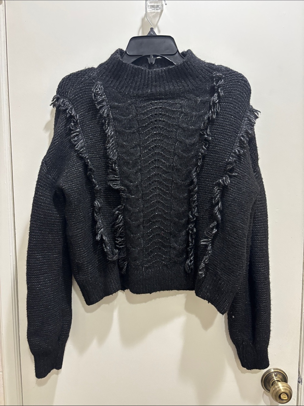 LOFT Black Cable-Knit Fringe Mock Neck Sweater
